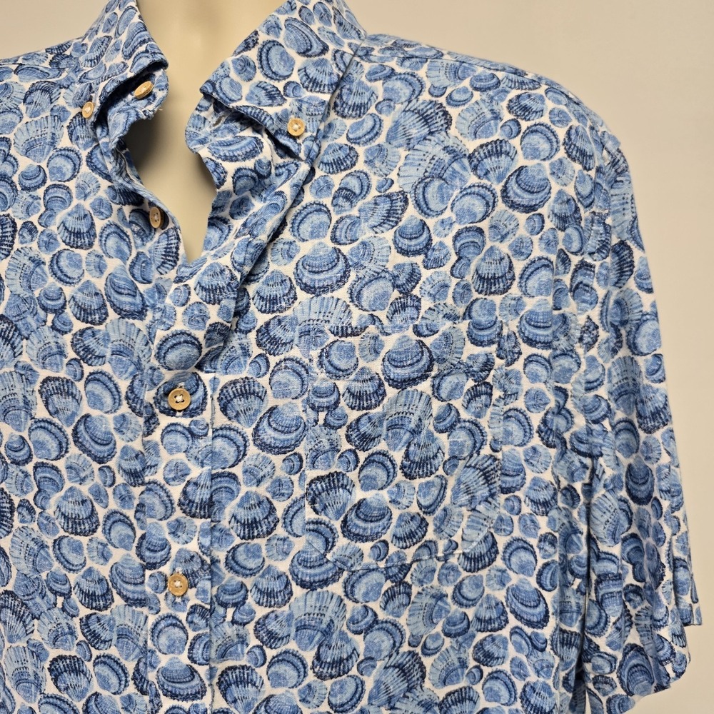 Southern Tide Linen Blend Button Down Men's Shirt XL Print Scallop Shells Pocket